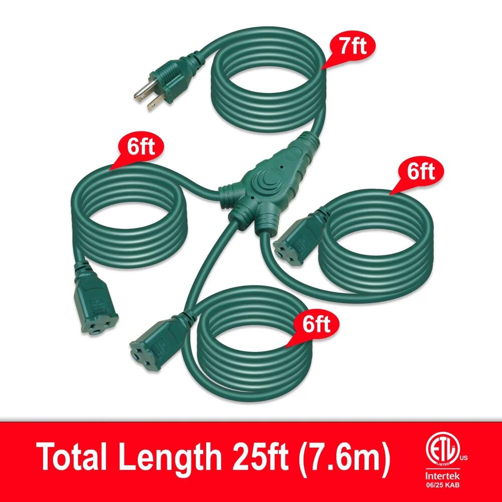 Holiday Time Indoor/Outdoor 3-Prong, 3-Outlet Multi-Directional Cord, Green, 25'